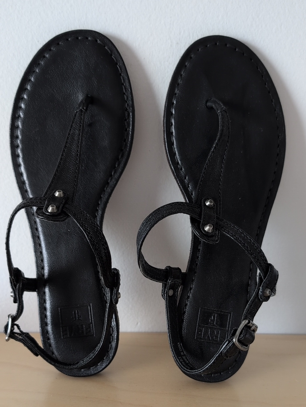 Frye RACHEL Black Leather Studded T-Strap Sandals